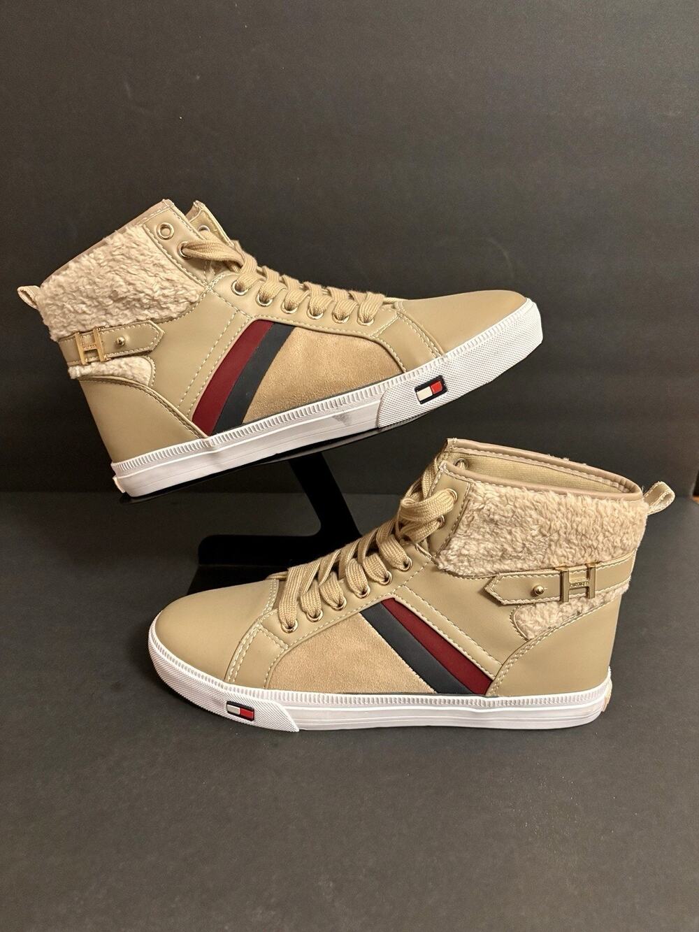 NWT TOMMY HILFIGER Designer Luxury High Top Sneakers Faux Fur Beige Mens 7.5